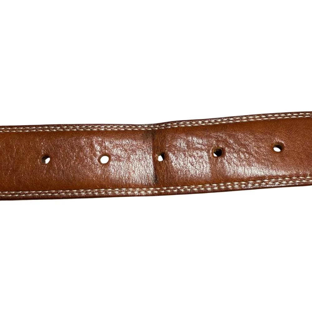 BRONZINO Brown Leather Belt Men's 34/85 Silver Buckle White Stitching Italy